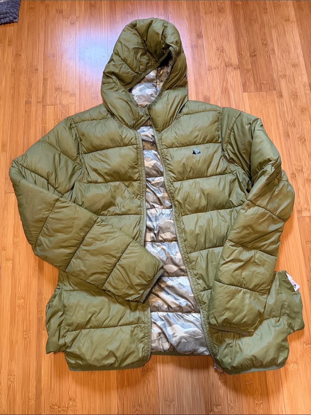 Le Coq Sportif Olive Hooded Quilted Puffer with Camo Lining